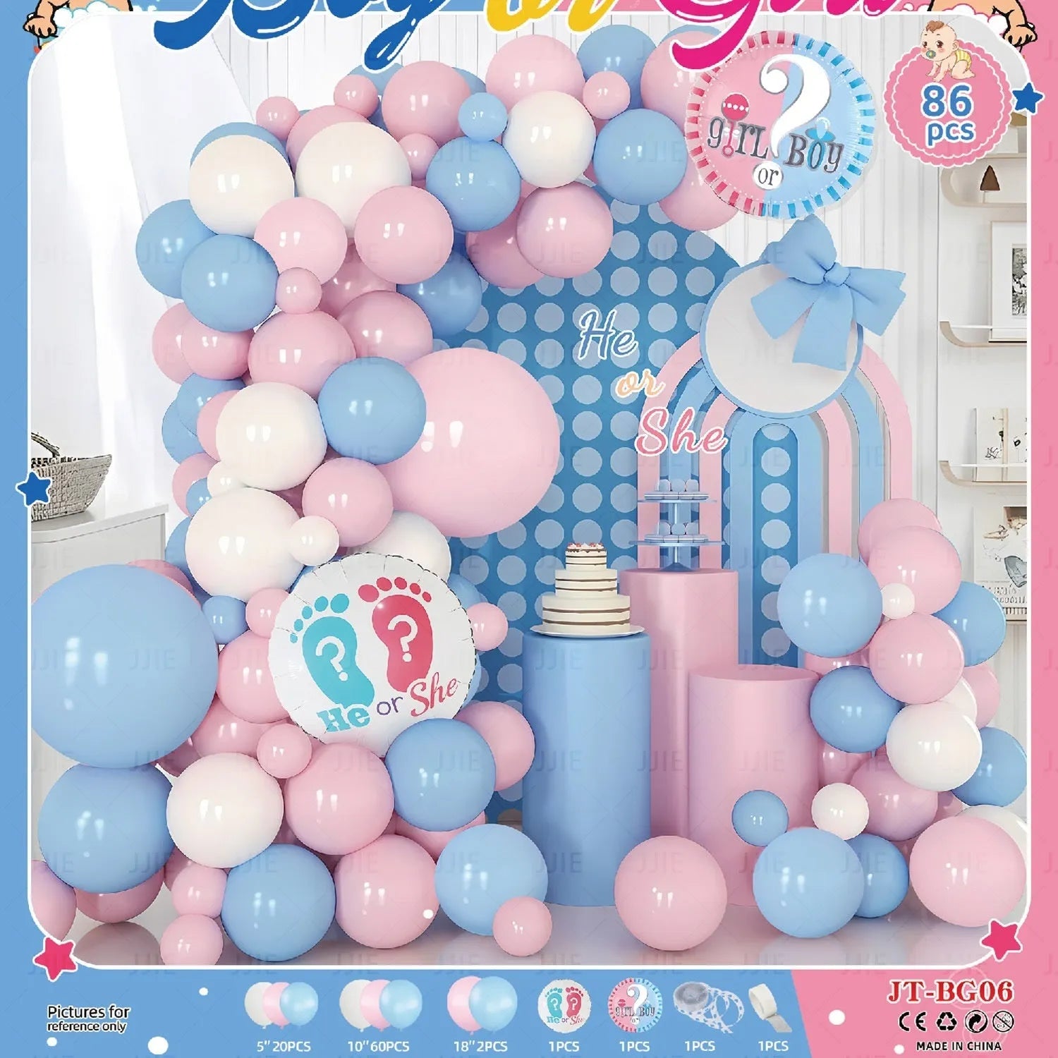 Baby gender reveal balloon decoration suit with metallic aluminium film balloons in pink and blue