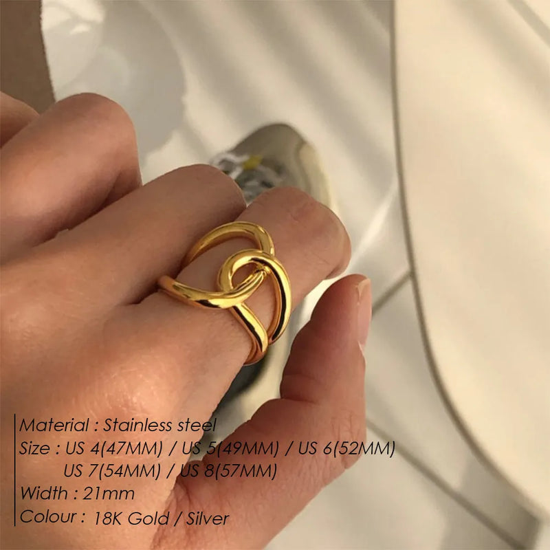 Women's Adjustable Opening Ring with Knot Design in Stainless Steel, Geometric U-Shape Style with 18K Gold or Steel Colour Finish, Available in US Sizes 4 through 8 with 47mm to 57mm Circumference Measurements