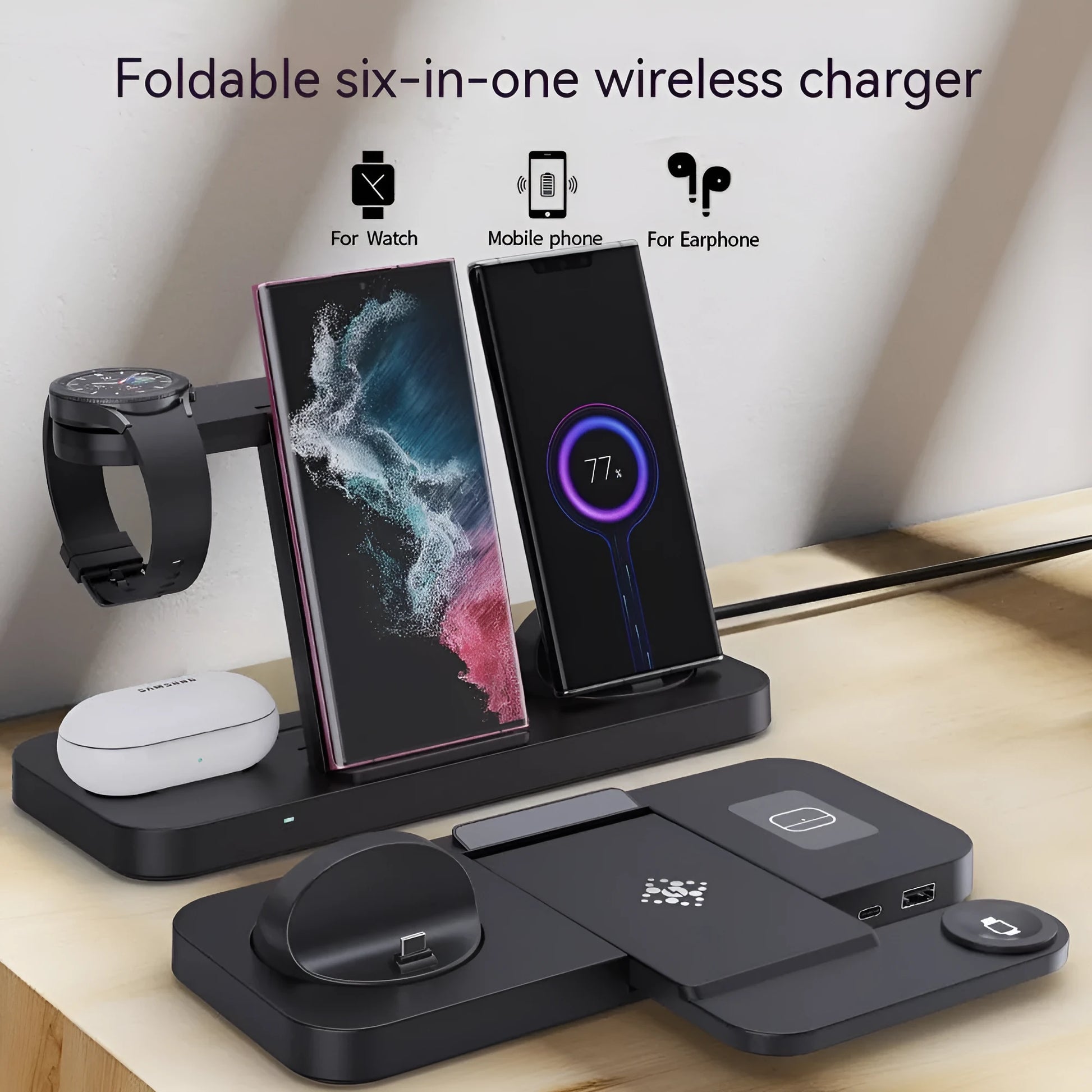 B-21 wireless charging station for mobile phone, smartwatch and headphones in black and white colour options.
