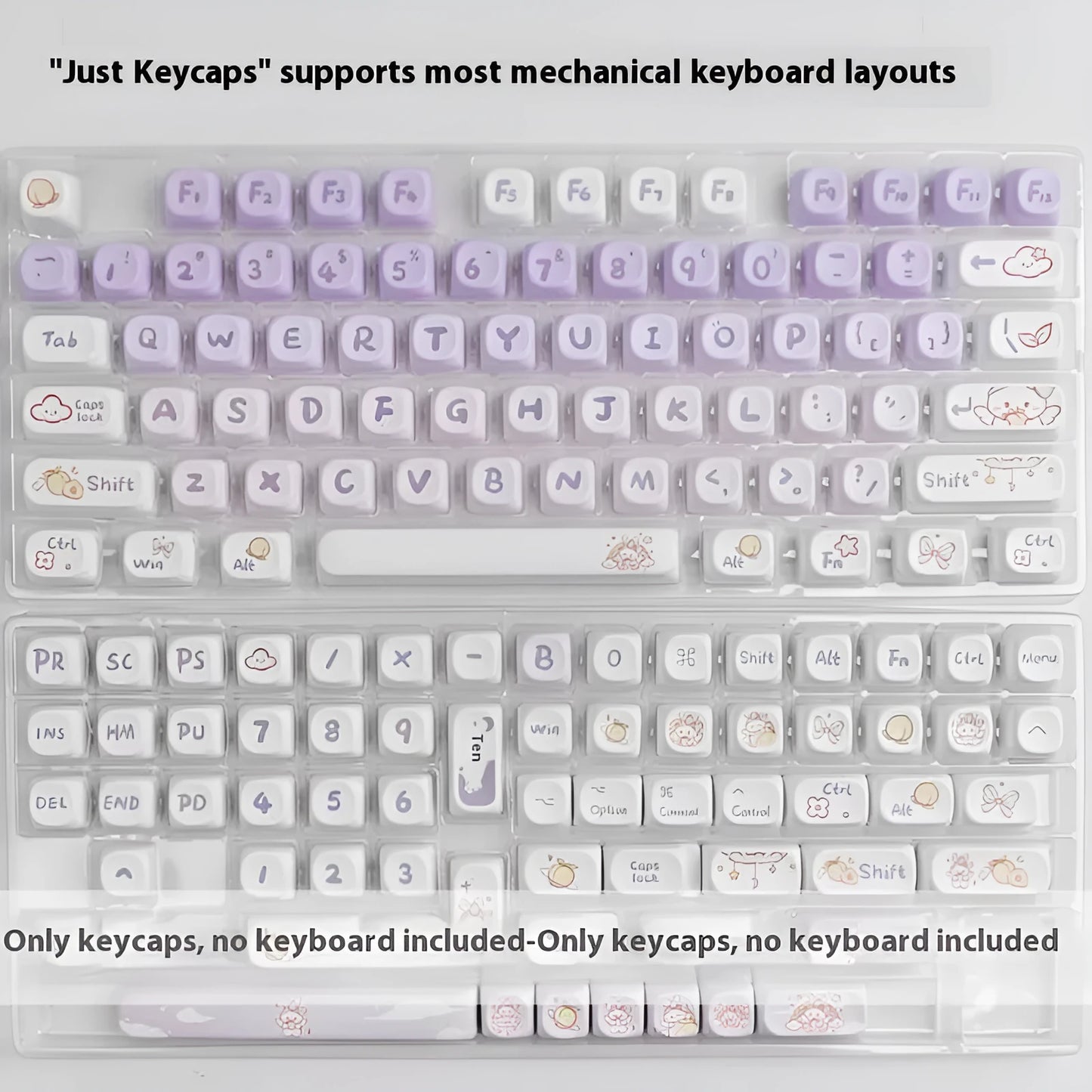 Full set of purple gradient keycaps with white rabbit illustration for mechanical keyboards