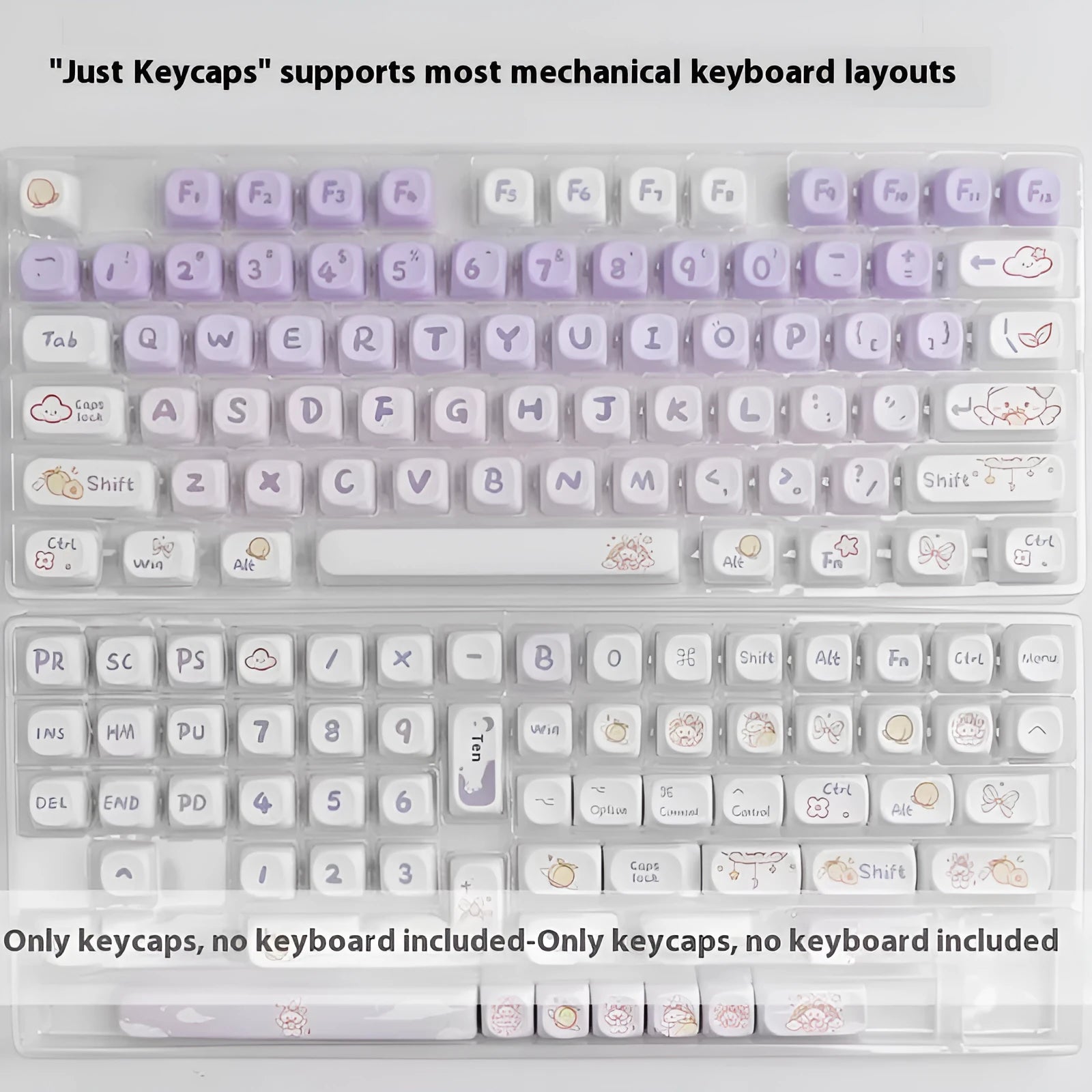 Full set of purple gradient keycaps with white rabbit illustration for mechanical keyboards