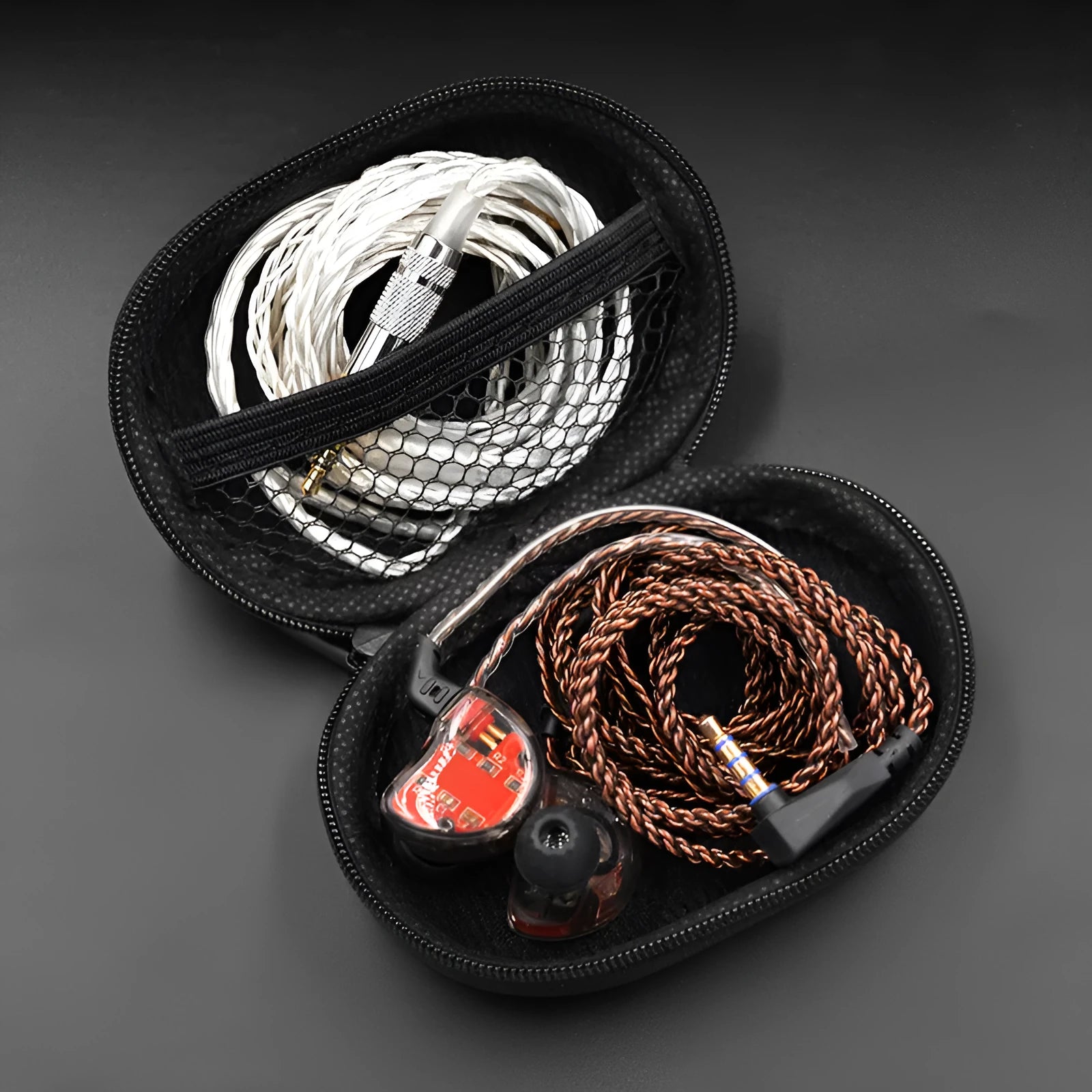 Black oval leather earphone storage bag for EDX PRO and other compatible earphone models