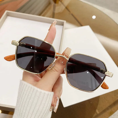 Women's frameless glasses with wood grain pattern and gold alloy frame in double blue colour.