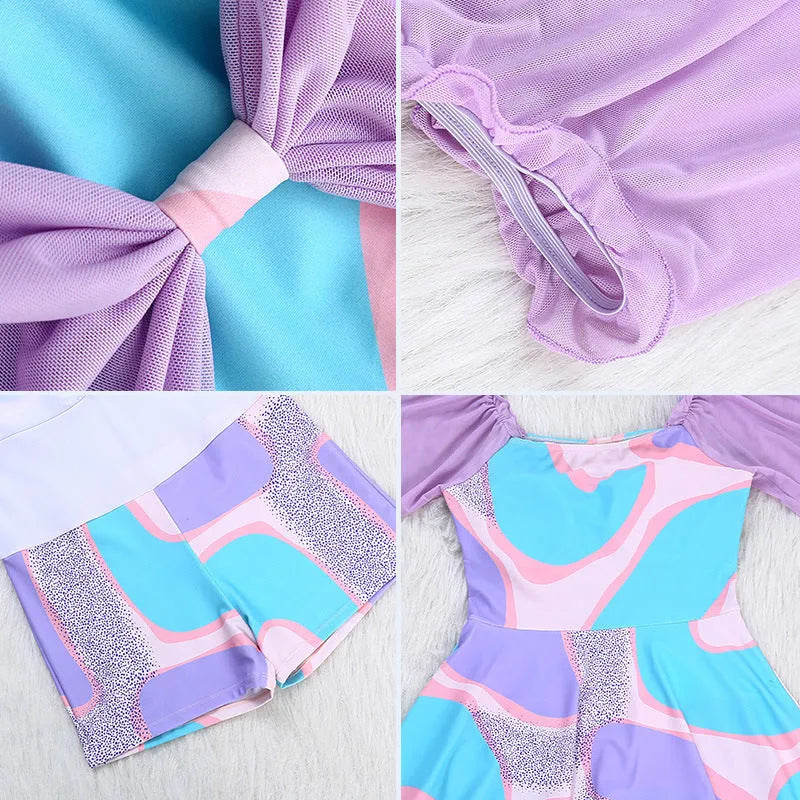 Women's floral high-waist one-piece swimsuit in light purple and light blue patterns for swimming