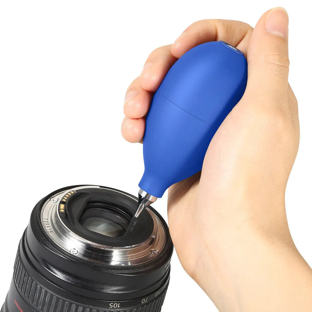 Blue rubber air blowing cleaning tool measuring 9.5cm length for dust removal from camera lenses