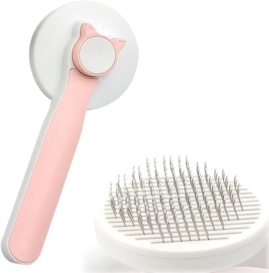 Blue self-cleaning cat brush with rubber-tipped pins and non-slip handle for grooming pets