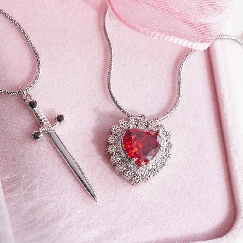 Gothic Punk Heart Dagger Couple Necklace with sparkling red rhinestones