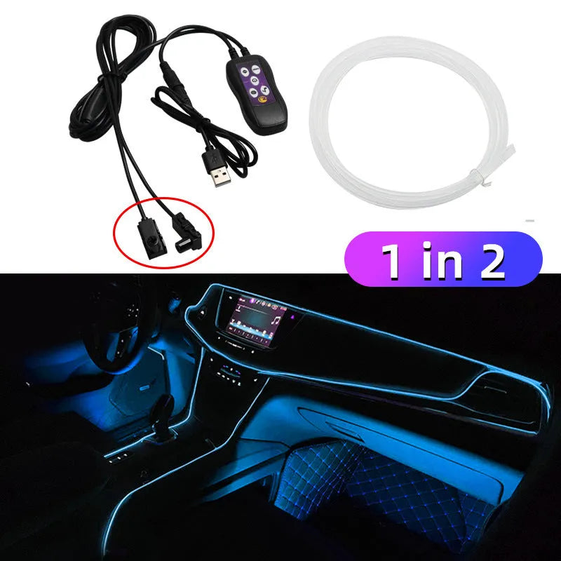 Car LED atmosphere lamp with USB-powered colourful colour changing light for centre console and instrument panel decorative neon lighting, featuring PVC construction in 3m or 5m lengths with app control or manual button options.