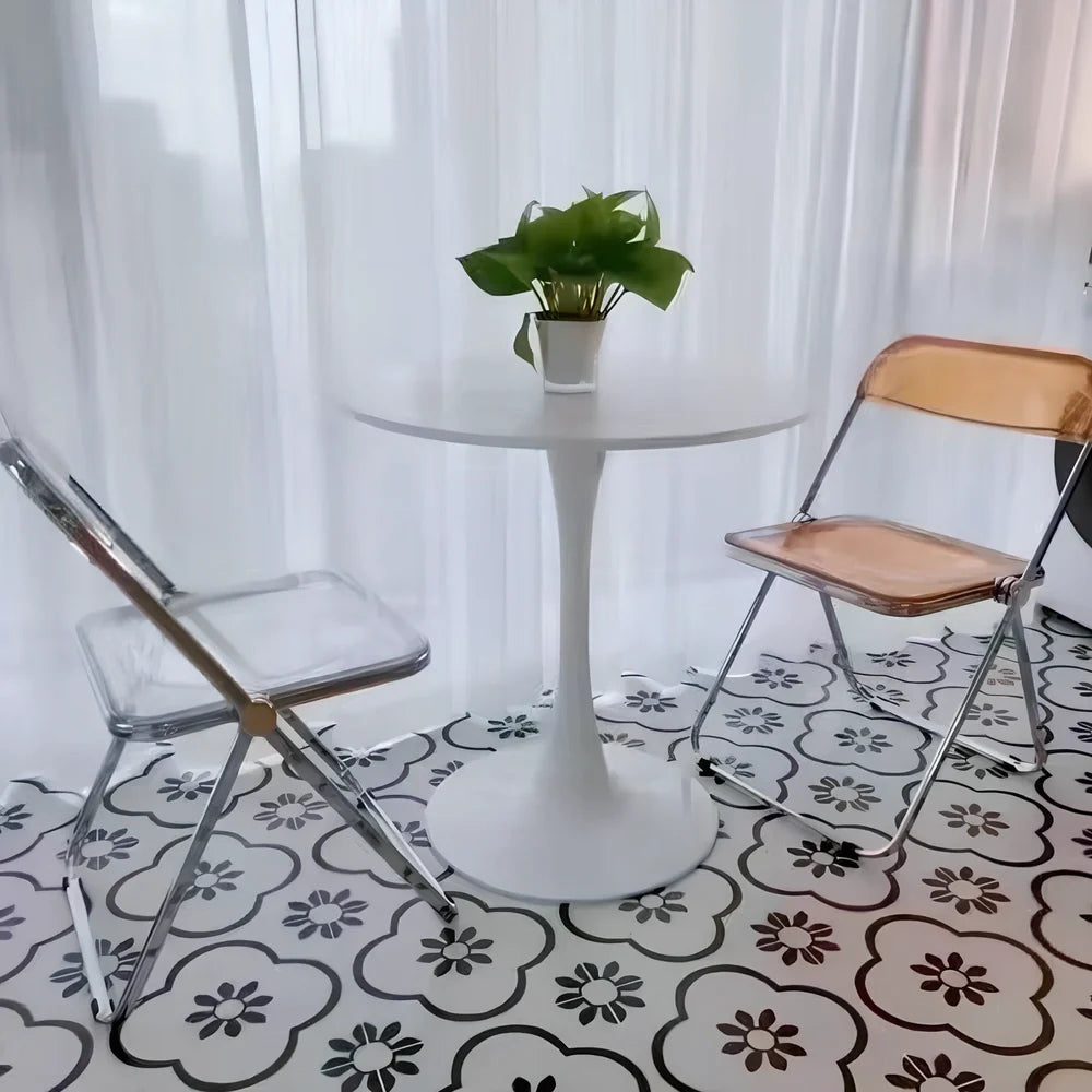 Scandinavian style conference table with folding chairs in white finish, 60cm diameter