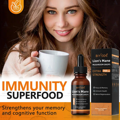 10ml glass bottle of organic lion's mane mushroom liquid extract with graduated dropper