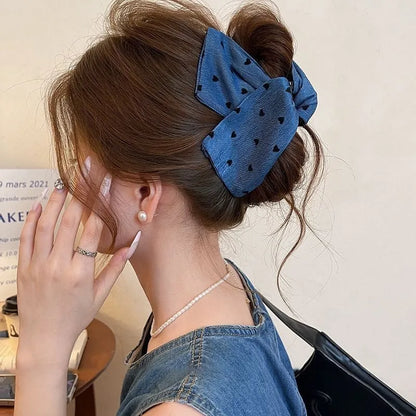Women's handmade hair clip with denim fabric bow triangle decoration and plastic grip