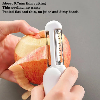 White 3-in-1 rotary paring knife with rotating blades and integrated sharpener for kitchen use