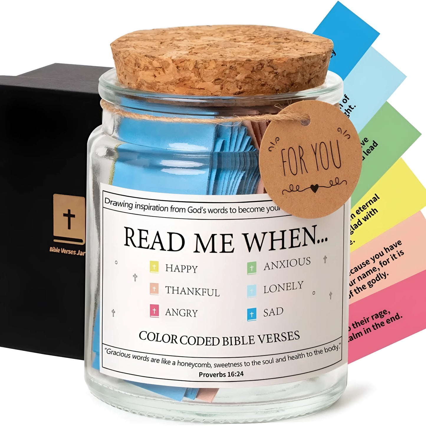 Glass Bible verses jar with cartoon design containing 90 rolled scripture papers in multiple colour options