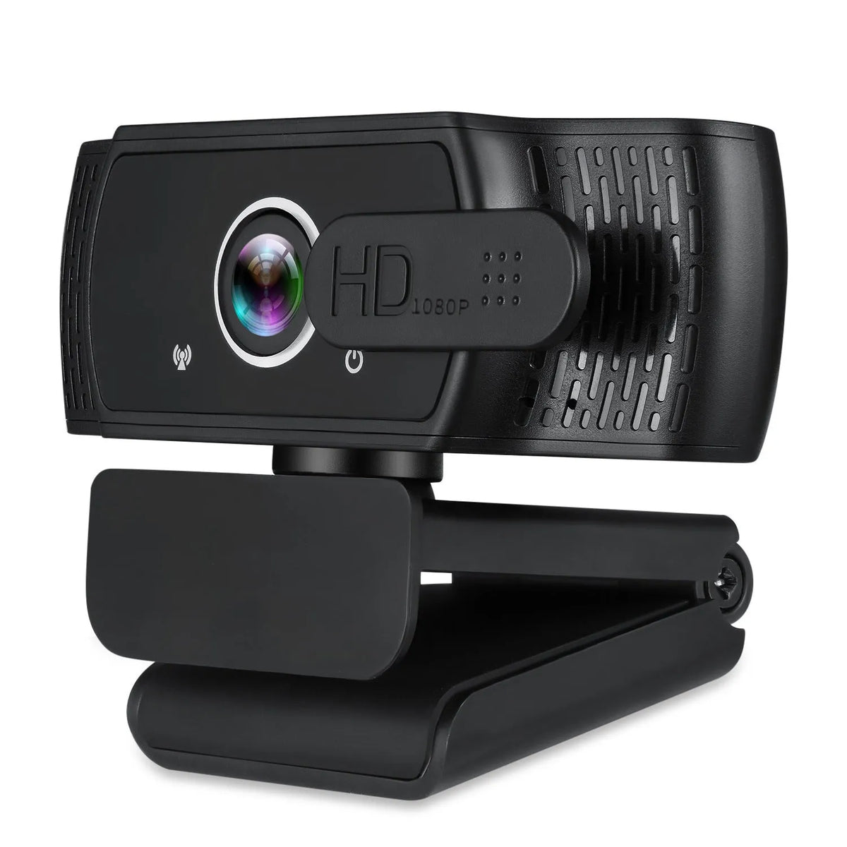 Black USB webcam with microphone on a laptop screen, showing 360-degree rotation and universal clip.