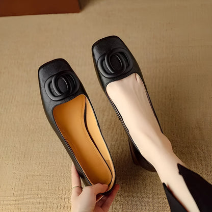 Women's shallow mouth pumps in light brown or black with mid chunky heel, square toe and buckle