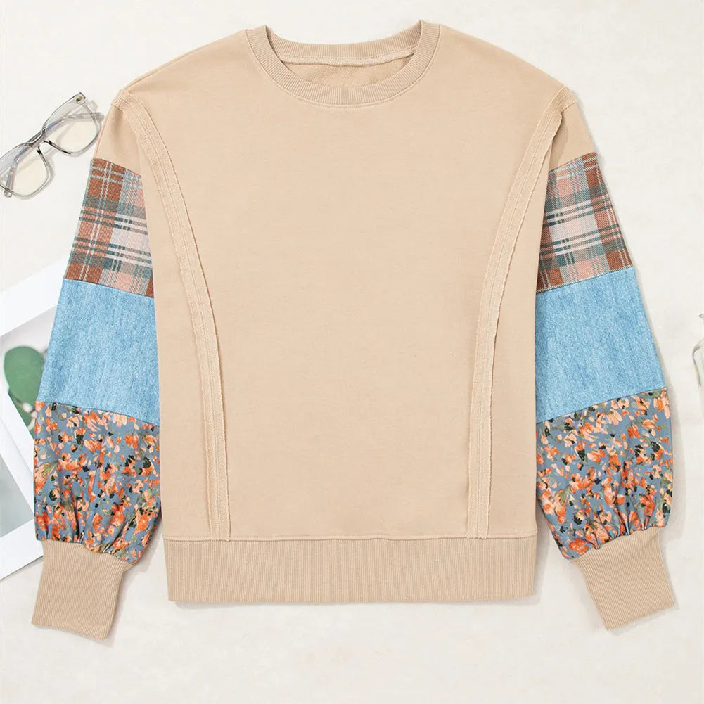Women's beige and red plaid stitching long-sleeved polyester top with loose Japanese-Korean casual style