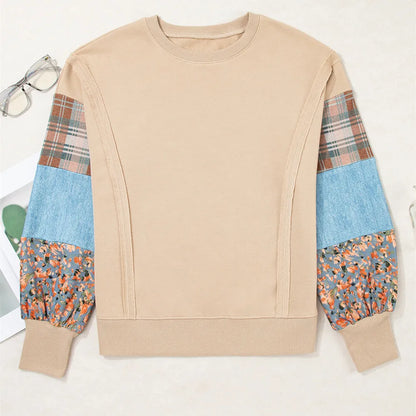 Women's beige and red plaid stitching long-sleeved polyester top with loose Japanese-Korean casual style