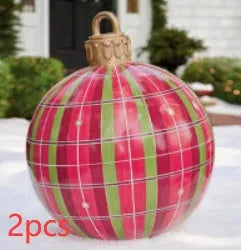 Large 60cm inflatable PVC Christmas decoration ball in bright colours for outdoor garden or tree display.