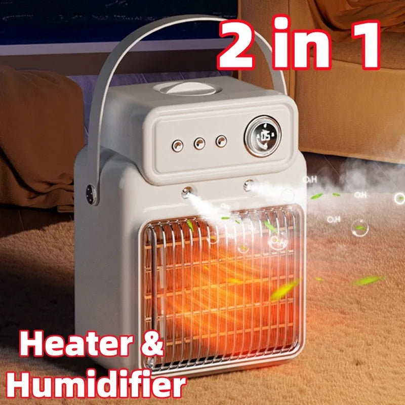 White 1200W room heater with humidifier measuring 19cm by 25cm, showing control panel with temperature and mist settings