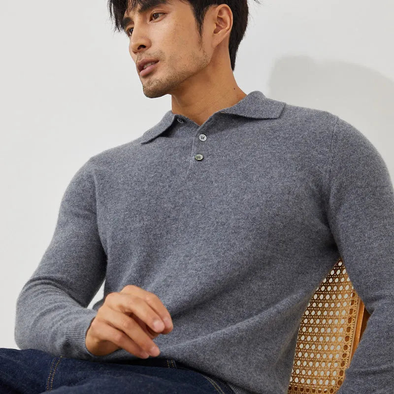 Men's cashmere pullover sweater with polo collar in loose fit on a hanger