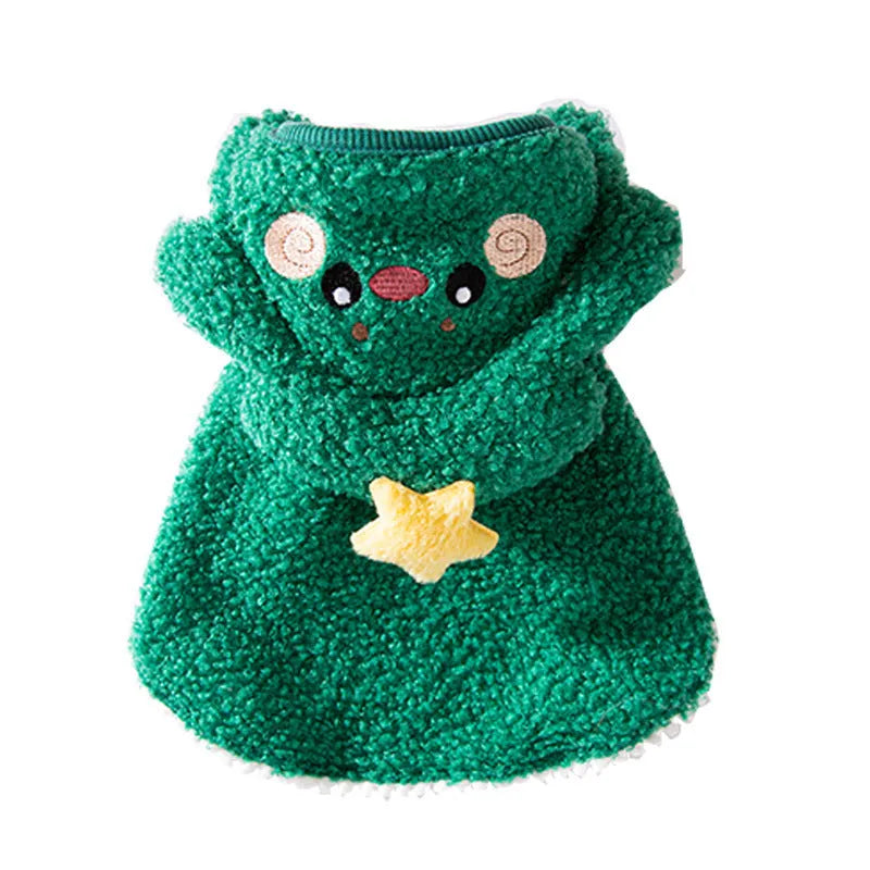 Brown cartoon elk design cat cloak with a drawable hood, shown on a cat.