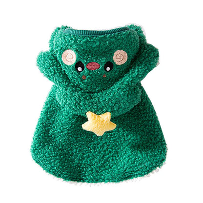 Brown cartoon elk design cat cloak with a drawable hood, shown on a cat.