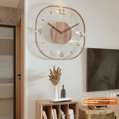 Transparent wooden frame wall clock with modern design in 35cm square size