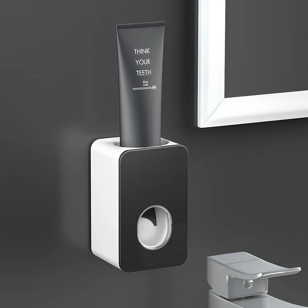 Black wall-mounted automatic toothpaste dispenser with 1 ml pump, punch-free adhesive, 18 cm height for bathroom use