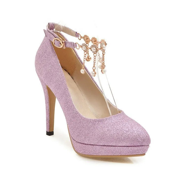 Women's platform high heels with stiletto heel in blue, pink, gold, or silver, showing pointed toe and available cutting depths.