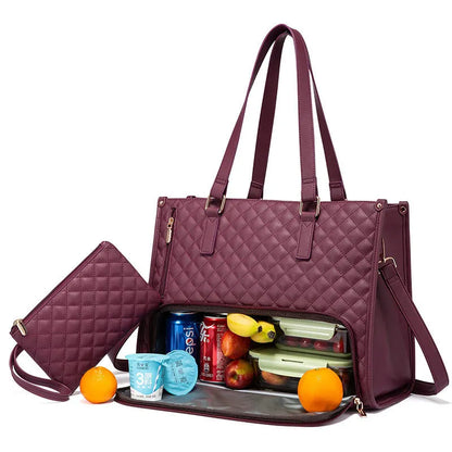 Women's quilted insulated lunch tote bag with laptop compartment and matching wallet in seven colour options