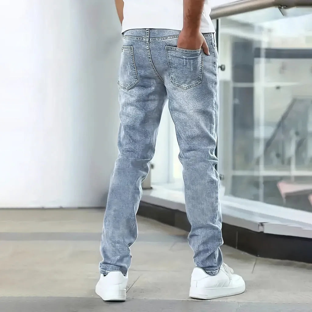 Men's stretch cotton spandex jeans in straight leg skinny cut, dark blue colour