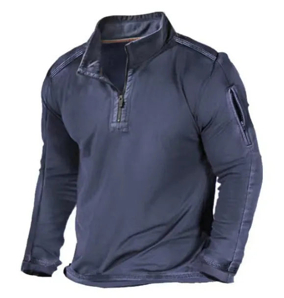 Men's zip-front sweater with stand collar in polyester fibre, showing full-length zip and long sleeves