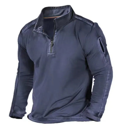 Men's zip-front sweater with stand collar in polyester fibre, showing full-length zip and long sleeves