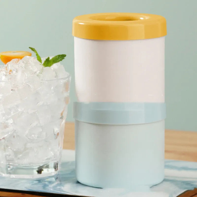 Blue-green silicone ice bucket mould with lid showing 9cm diameter and 8cm height dimensions