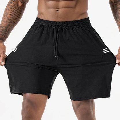 Men's black Ice Silk quick-drying sports shorts with high waist and drawstring.
