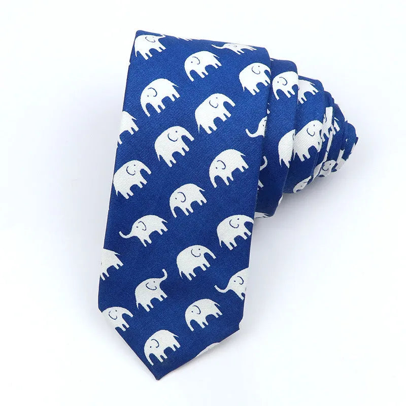 Korean style narrow men's cotton bow tie with a printed cartoon pattern on an adjustable fabric strap.