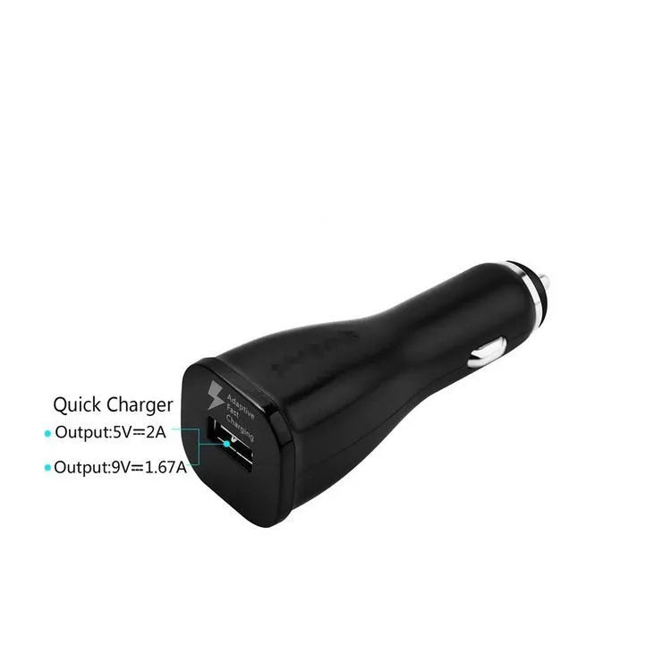 White single-port QC2.0 USB car fast charger for vehicles with safety protections.