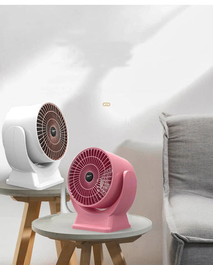 Desktop Mini Mute Household Heater in white and pink, compact size with fast heating