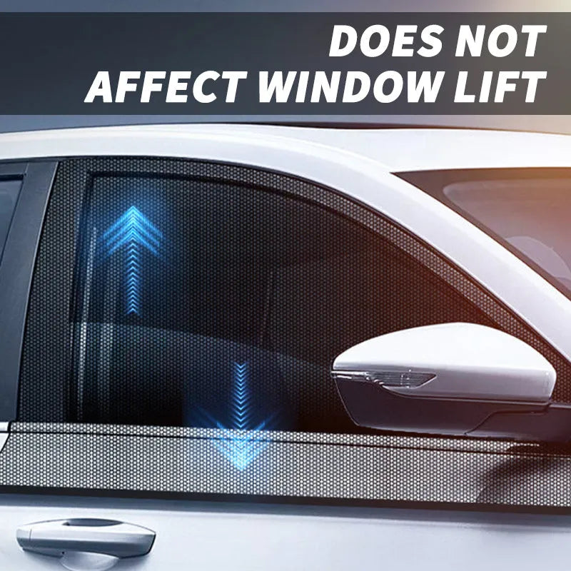 Elastic car side window sunshade made of grey non-woven mesh, stretched over a car window frame.