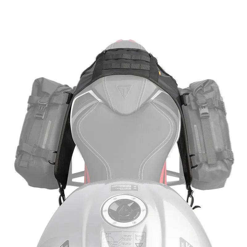 Black polyester motorcycle fuel tank mount base measuring 100cm by 40cm with side storage panels