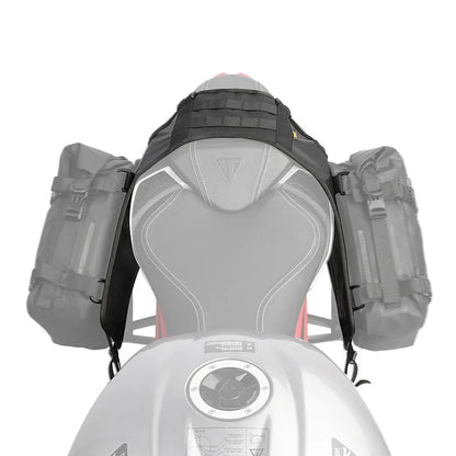 Black polyester motorcycle fuel tank mount base measuring 100cm by 40cm with side storage panels