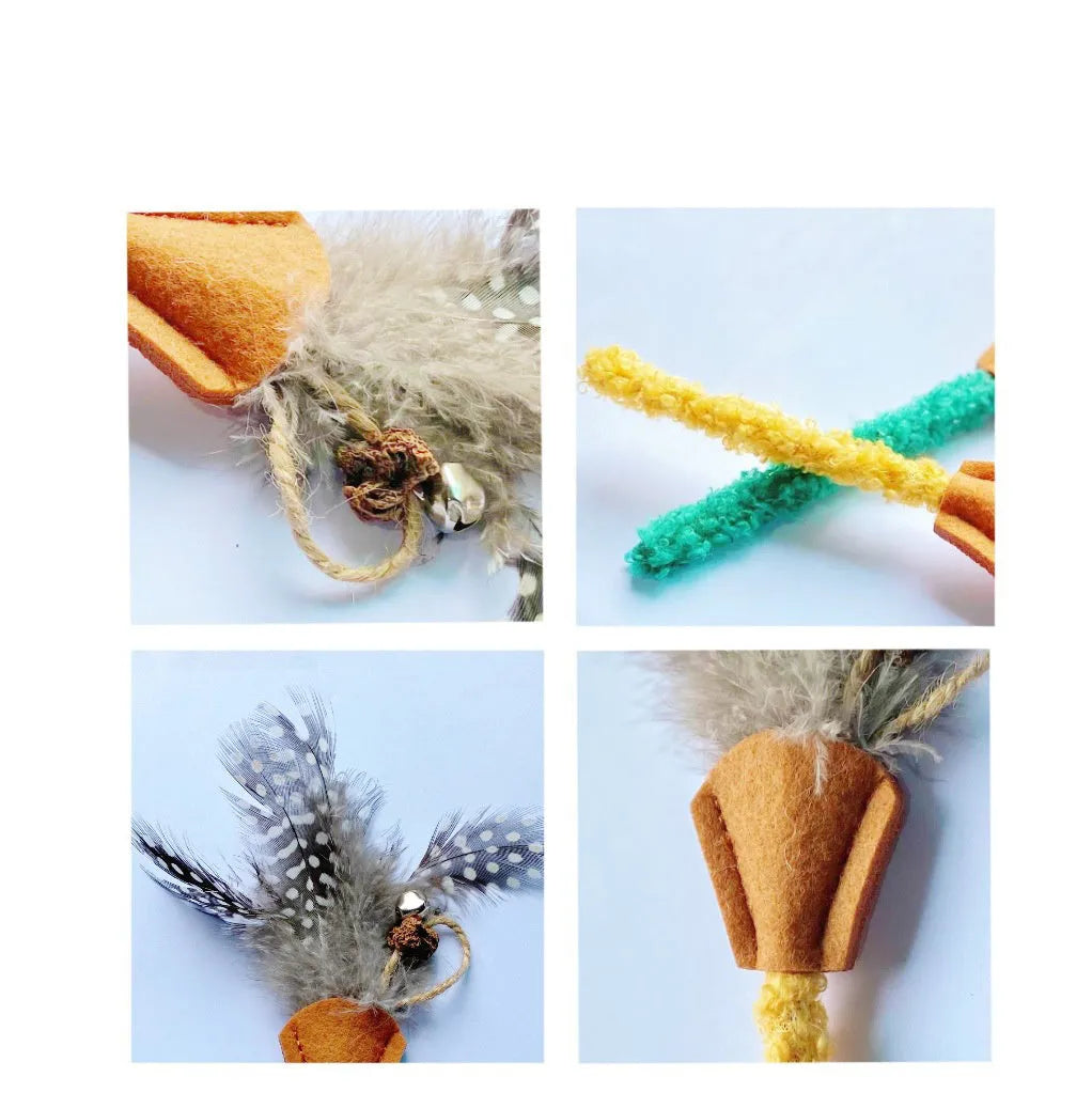 Polygonum wood cat feather chew toy with green and yellow feathers for dental care and interactive play