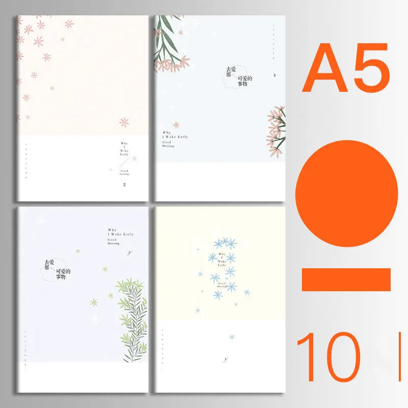 Pack of ten A5 kraft paper thread-bound notebooks with artistic cover designs lying flat.