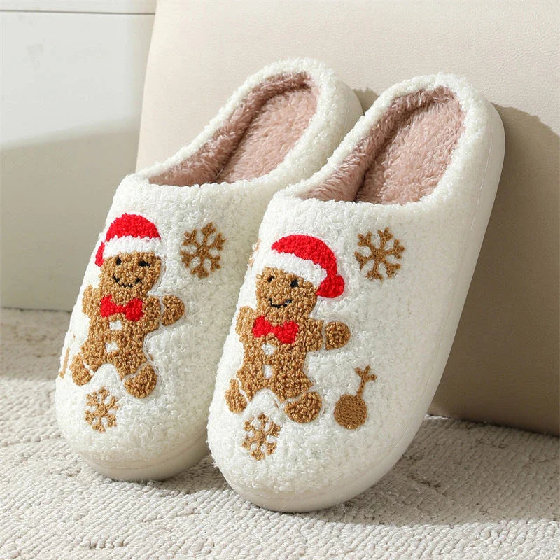 Festive Snowflake Gingerbread Slippers with plush upper and non-slip sole for cozy indoor wear