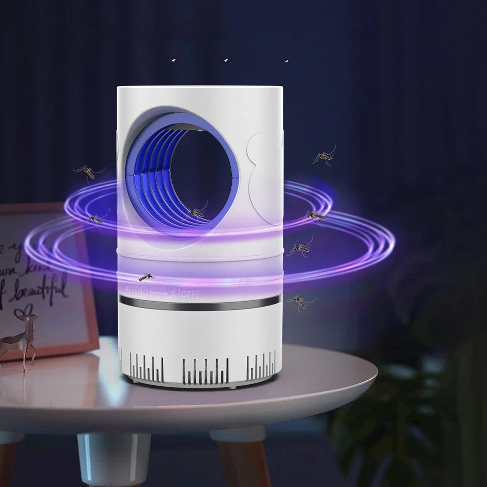 White mosquito killing lamp measuring 8cm wide with UV light and suction technology for household insect control