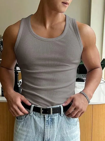 Men's tight-fitting grey sports t-shirt with a round neck, shown flat.