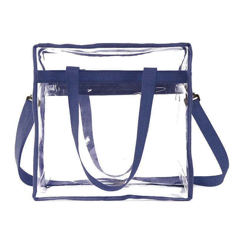 Clear PVC women's messenger bag with a coloured front panel and double shoulder straps.