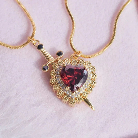 Gothic Punk Heart Dagger Couple Necklace with sparkling red rhinestones