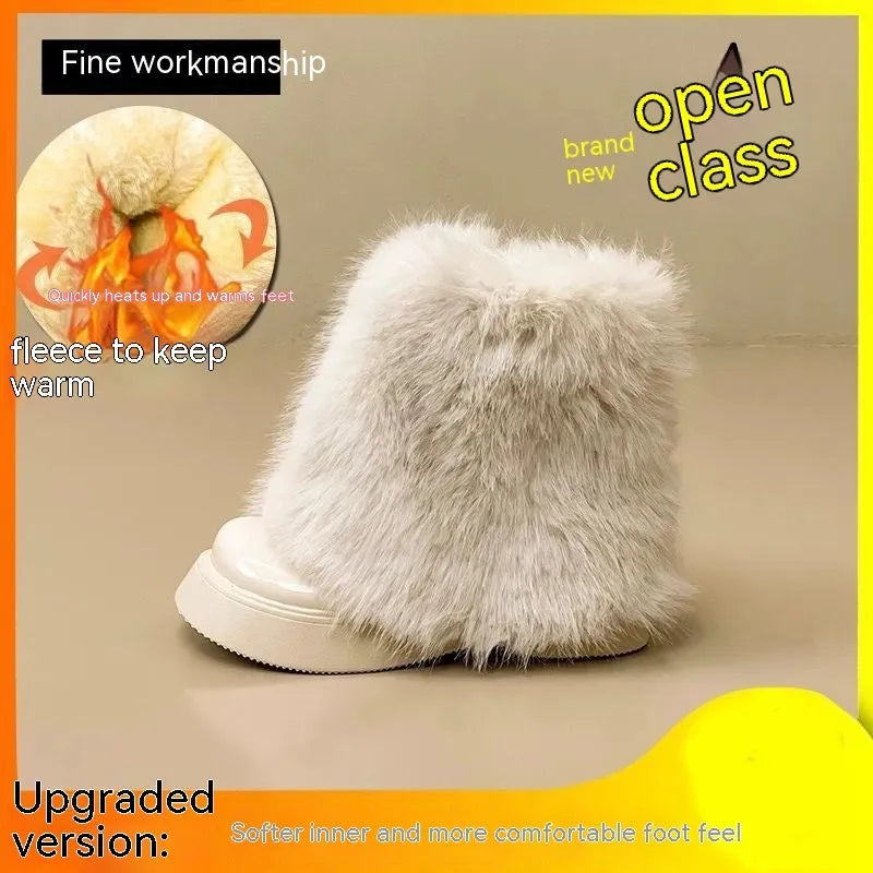 Women's low-top snow boots with artificial plush upper, waterproof platform sole, and 3-5cm English muffin heel
