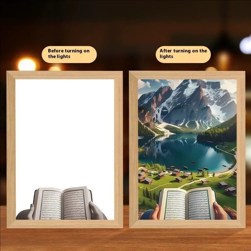 Modern rectangular light painting photo frame displaying an illuminated cross and scenic artwork.